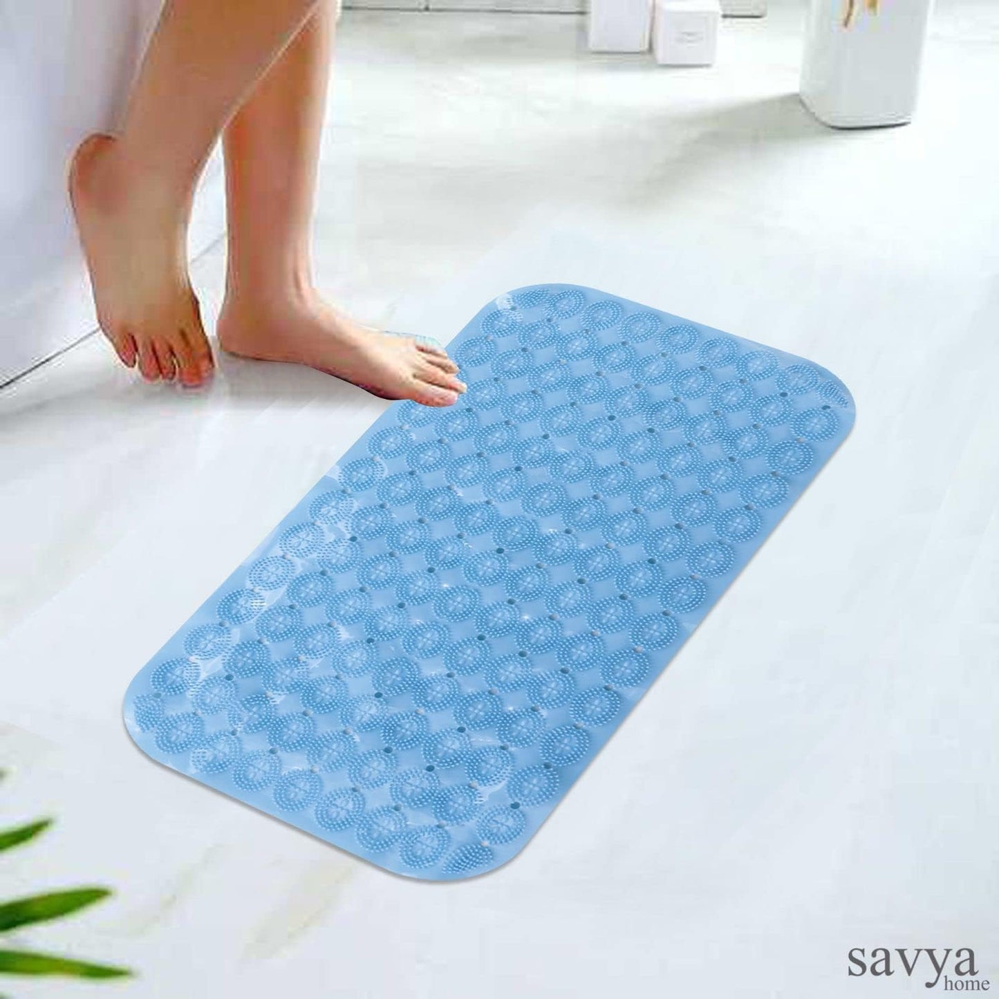 Savya Home Anti Skid Bath Mat for Bathroom, PVC Bath Mat with Suction Cup, Machine Washable Floor Mat (67x37 cm)| Light Blue & Blue