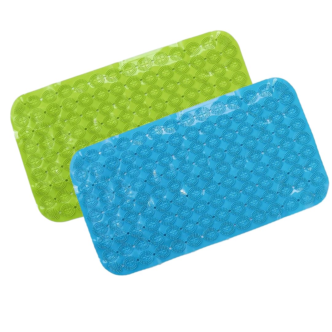 Savya Home Anti Skid Bath Mat for Bathroom, PVC Bath Mat with Suction Cup, Machine Washable Floor Mat (67x37 cm)| Blue & Green