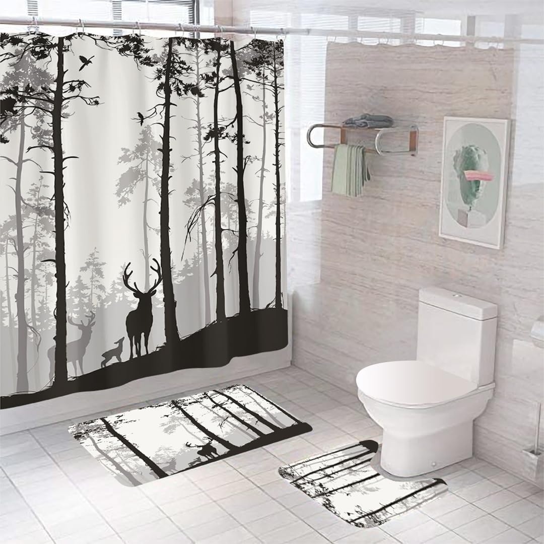 SAVYA HOME Shower Curtain (1) & Bathroom Mat (2) Set, Shower Curtains for Bathroom I, Waterproof Fabric I Anti Skid Mat for Bathroom Floor I Forest Night, Pack of 3