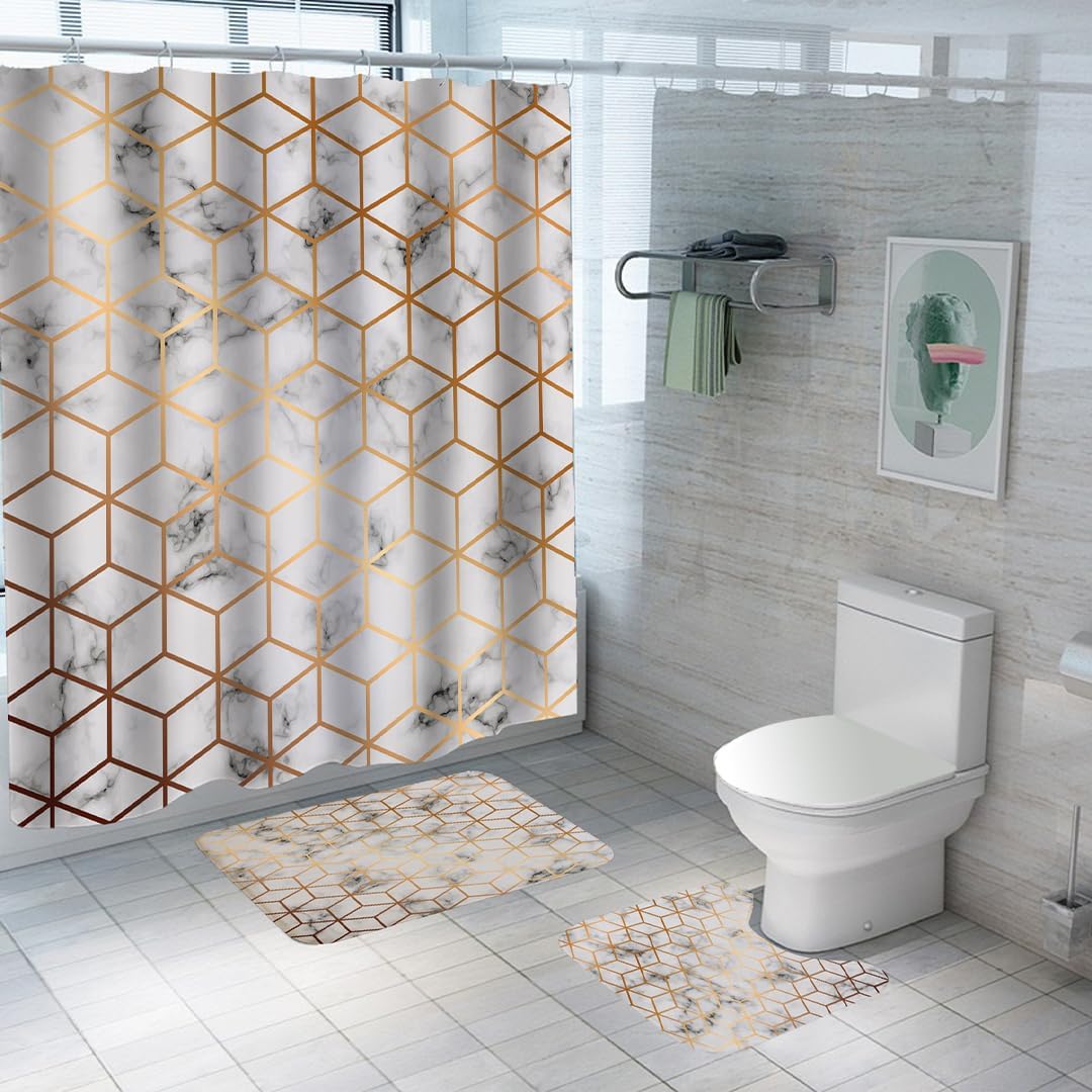 SAVYA HOME Shower Curtain (1) & Bathroom Mat (2) Set, Shower Curtains for Bathroom I, Waterproof Fabric I Anti Skid Mat for Bathroom Floor I Golden Marble Print, Pack of 3