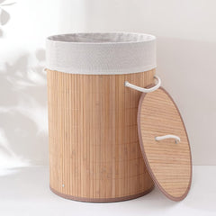 SAVYA HOME Round Bamboo Laundry basket with Lid | Laundry Basket for Clothes | Foldable & Durable | Perfect Organiser for Clothes, Toys, Beige