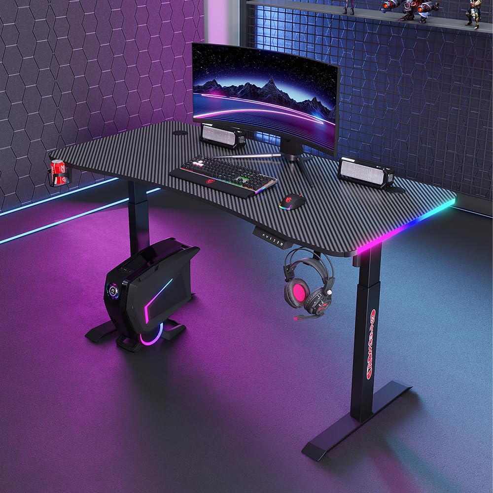 Savya Home Electric Height Adj. Engineered Wood Desk, Ergonomic Sit-Stand Desk with RGB Lighting Frame,Digital Display with Memory Preset Option, Cup Holder & Headphone Hook (160*60*(72-117) cm),Black