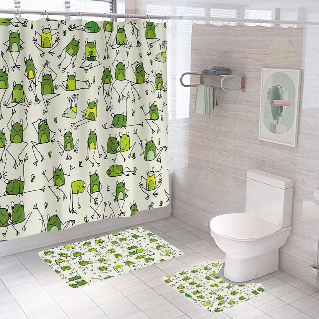SAVYA HOME Shower Curtain (1) & Bathroom Mat (2) Set, Shower Curtains for Bathroom I, Waterproof Fabric I Anti Skid Mat for Bathroom Floor I Dancing Frogs, Pack of 3