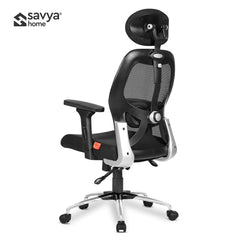 SAVYA HOME Beatle High Back Office Chair, Ergonomic Mesh Home Office Desk Chair with 4 Way Adjustable Head Rest and Lumbar Support, 2 Way Adjustable Armrest(Black, Qty 1) (Apollo, Adj High Back)