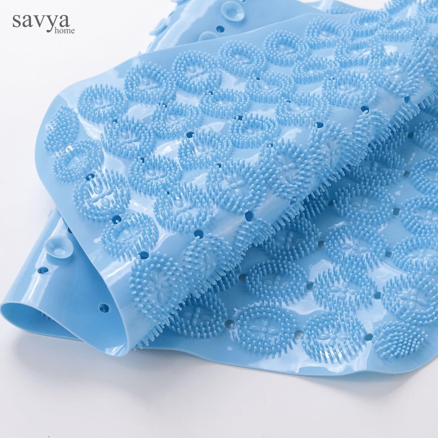 Savya Home Anti Skid Bath Mat for Bathroom, PVC Bath Mat with Suction Cup, Machine Washable Floor Mat (67x37 cm)| Light Blue & Blue