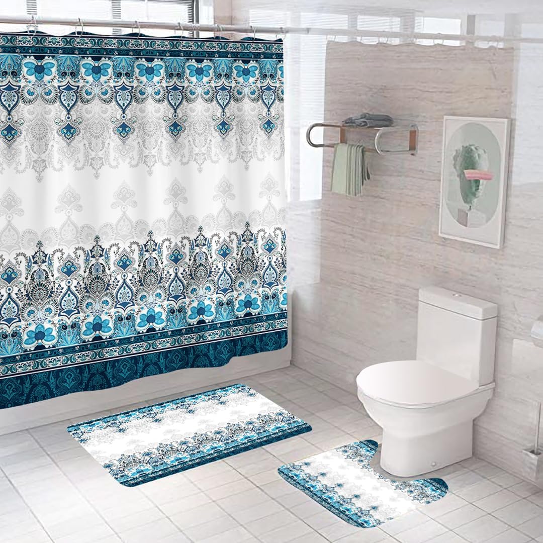 SAVYA HOME Shower Curtain (1) & Bathroom Mat (2) Set, Shower Curtains for Bathroom I, Waterproof Fabric I Anti Skid Mat for Bathroom Floor I Blue Turkish Print, Pack of 3