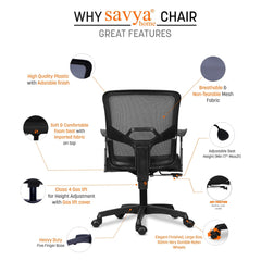 SAVYA HOME® 4th Gen Mid-Back Ergonomic Revolving Mesh Chair for Office,Work from Home & Study withTilt Lock Mechanism, Pneumatic Seat Height Adjustment, T-Type Armrest(Qty-1, Black)