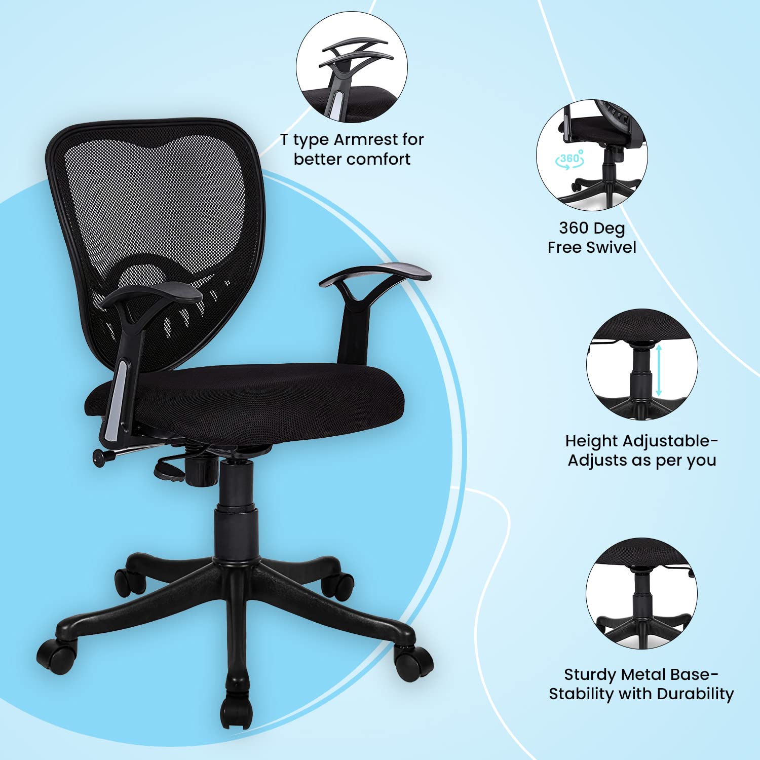 SAVYA HOME® Delta Plus Ergonomic Office Chair| Height Adjustable Seat | Upholstered Seat and T Type armrest Provides Better Comfort |Push Back Tilt Feature |Mid Back Executive Chair(Black, Qty-1)