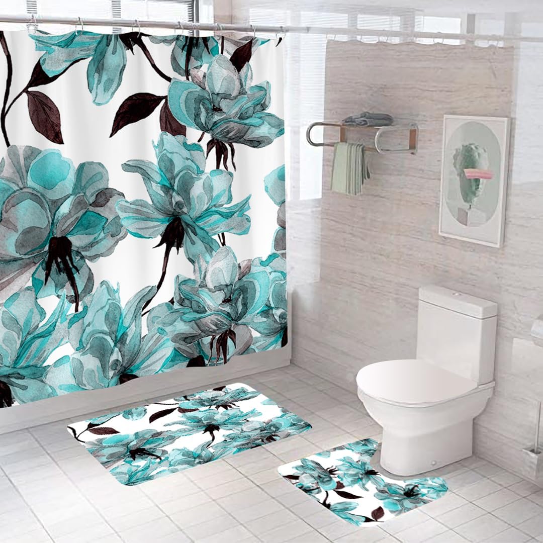 SAVYA HOME Shower Curtain (1) & Bathroom Mat (2) Set, Shower Curtains for Bathroom I, Waterproof Fabric I Anti Skid Mat for Bathroom Floor I Floral Aqua, Pack of 3