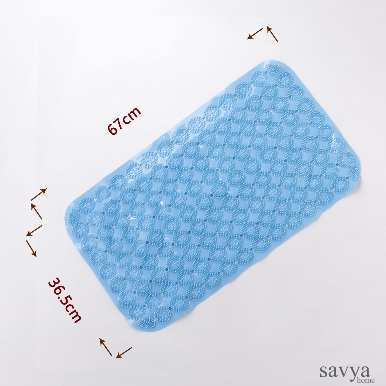 Savya Home Anti Skid Bath Mat for Bathroom, PVC Bath Mat with Suction Cup, Machine Washable Floor Mat (67x37 cm) (Light Blue)