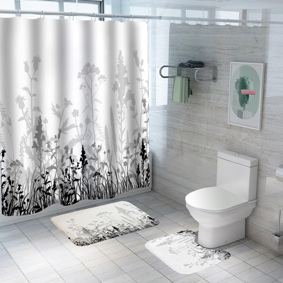 SAVYA HOME Shower Curtain (1) & Bathroom Mat (2) Set, Shower Curtains for Bathroom I, Waterproof Fabric I Anti Skid Mat for Bathroom Floor I Grey Wild Flowers, Pack of 3