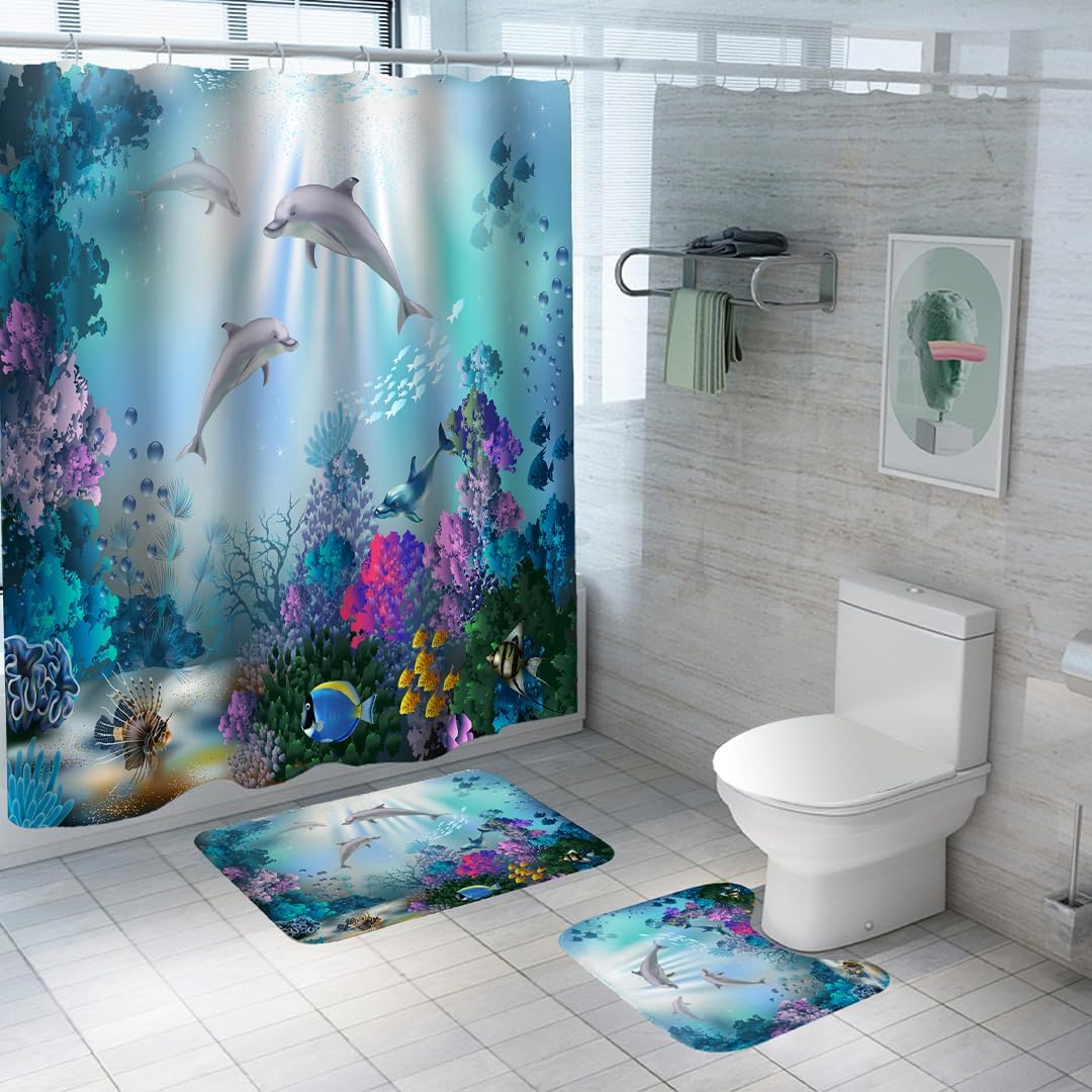 SAVYA HOME Shower Curtain (1) & Bathroom Mat (2) Set, Shower Curtains for Bathroom I, Waterproof Fabric I Anti Skid Mat for Bathroom Floor I Ocean Print, Pack of 3