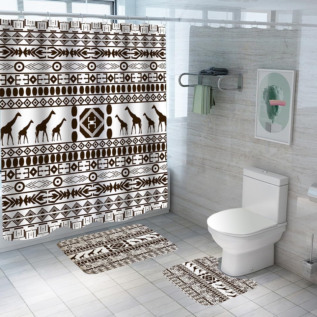 SAVYA HOME Shower Curtain (1) & Bathroom Mat (2) Set, Shower Curtains for Bathroom I, Waterproof Fabric I Anti Skid Mat for Bathroom Floor I Black & White Boho, Pack of 3