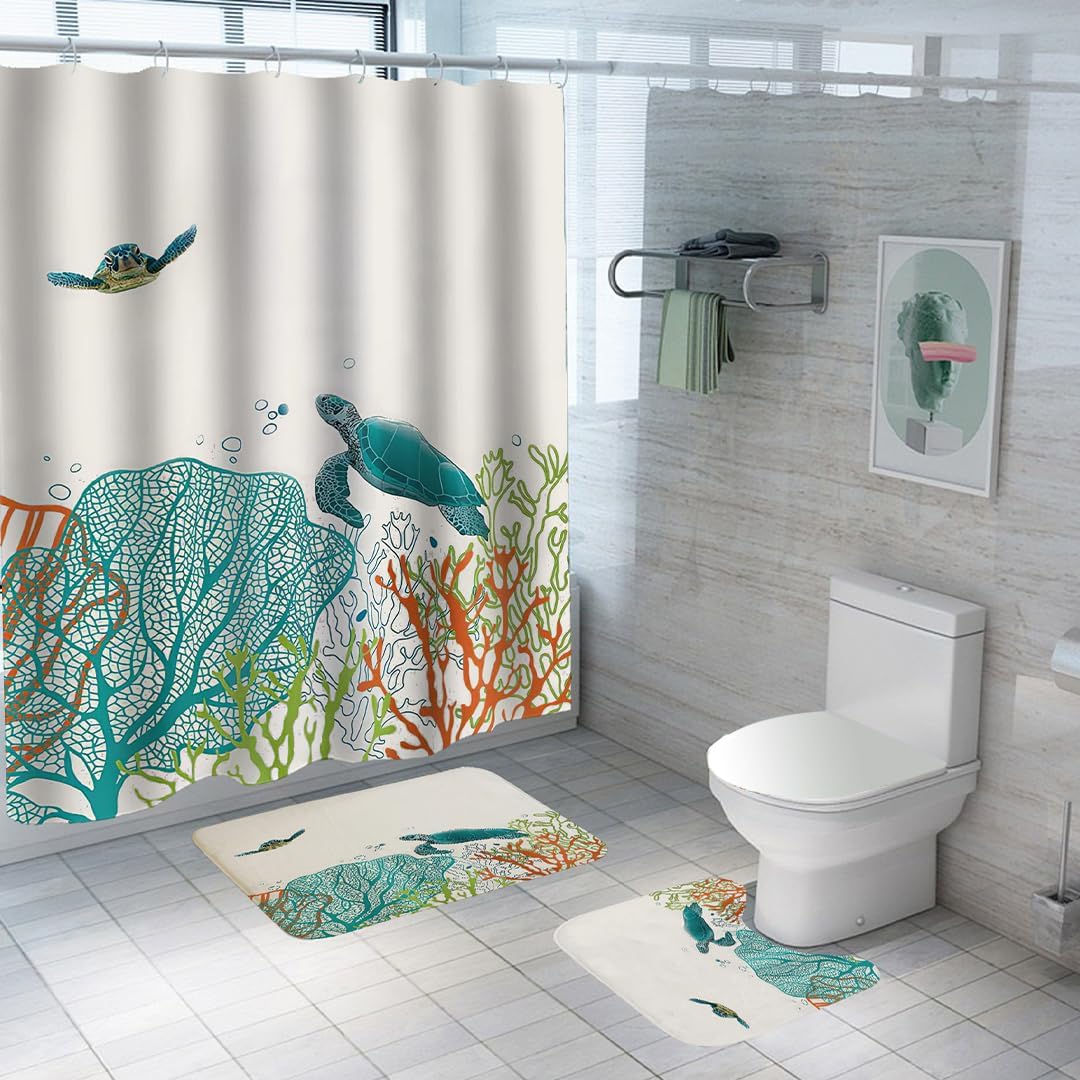 SAVYA HOME Shower Curtain (1) & Bathroom Mat (2) Set, Shower Curtains for Bathroom I, Waterproof Fabric I Anti Skid Mat for Bathroom Floor I Sea Turtles Print, Pack of 3