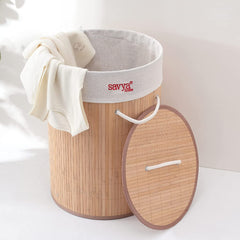 SAVYA HOME Round Bamboo Laundry basket with Lid | Laundry Basket for Clothes | Foldable & Durable | Perfect Organiser for Clothes, Toys, Beige