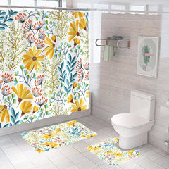 SAVYA HOME Shower Curtain (1) & Bathroom Mat (2) Set, Shower Curtains for Bathroom I, Waterproof Fabric I Anti Skid Mat for Bathroom Floor I Floral Yellow, Pack of 3