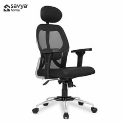 SAVYA HOME Beatle High Back Office Chair, Ergonomic Mesh Home Office Desk Chair with 4 Way Adjustable Head Rest and Lumbar Support, 2 Way Adjustable Armrest(Black, Qty 1) (Apollo, Adj High Back)