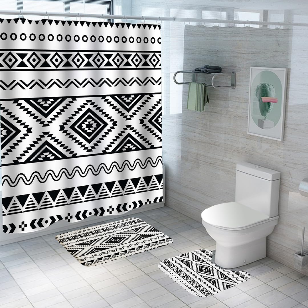 SAVYA HOME Shower Curtain (1) & Bathroom Mat (2) Set, Shower Curtains for Bathroom I, Waterproof Fabric I Anti Skid Mat for Bathroom Floor I Black Aztec, Pack of 3