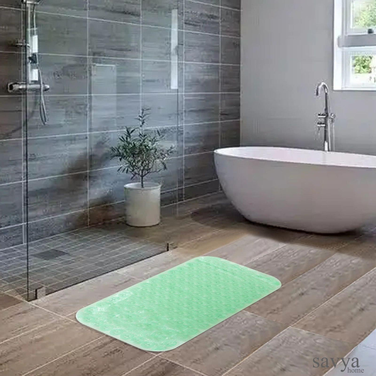 Savya Home Anti Skid Bath Mat for Bathroom, PVC Bath Mat with Suction Cup, Machine Washable Floor Mat (67x37 cm)| Light Green & Light Green