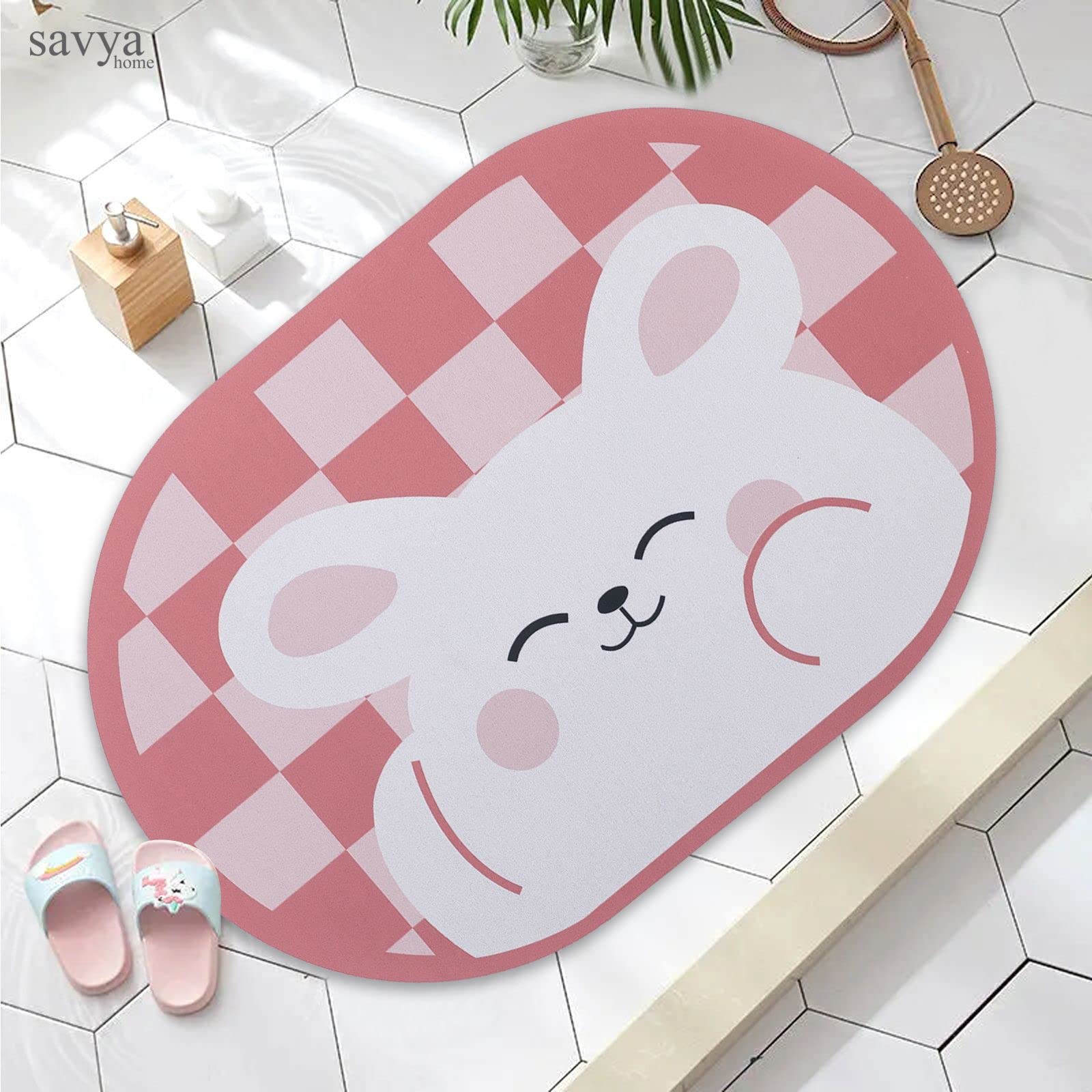 SAVYA HOME Multipurpose Mat for Kids Bedroom, Play Area, Living Room, Bathroom, Shower | 60 x 40 | Anti-Skid, Cute Pink Bunny Doormat for Girls Bedroom