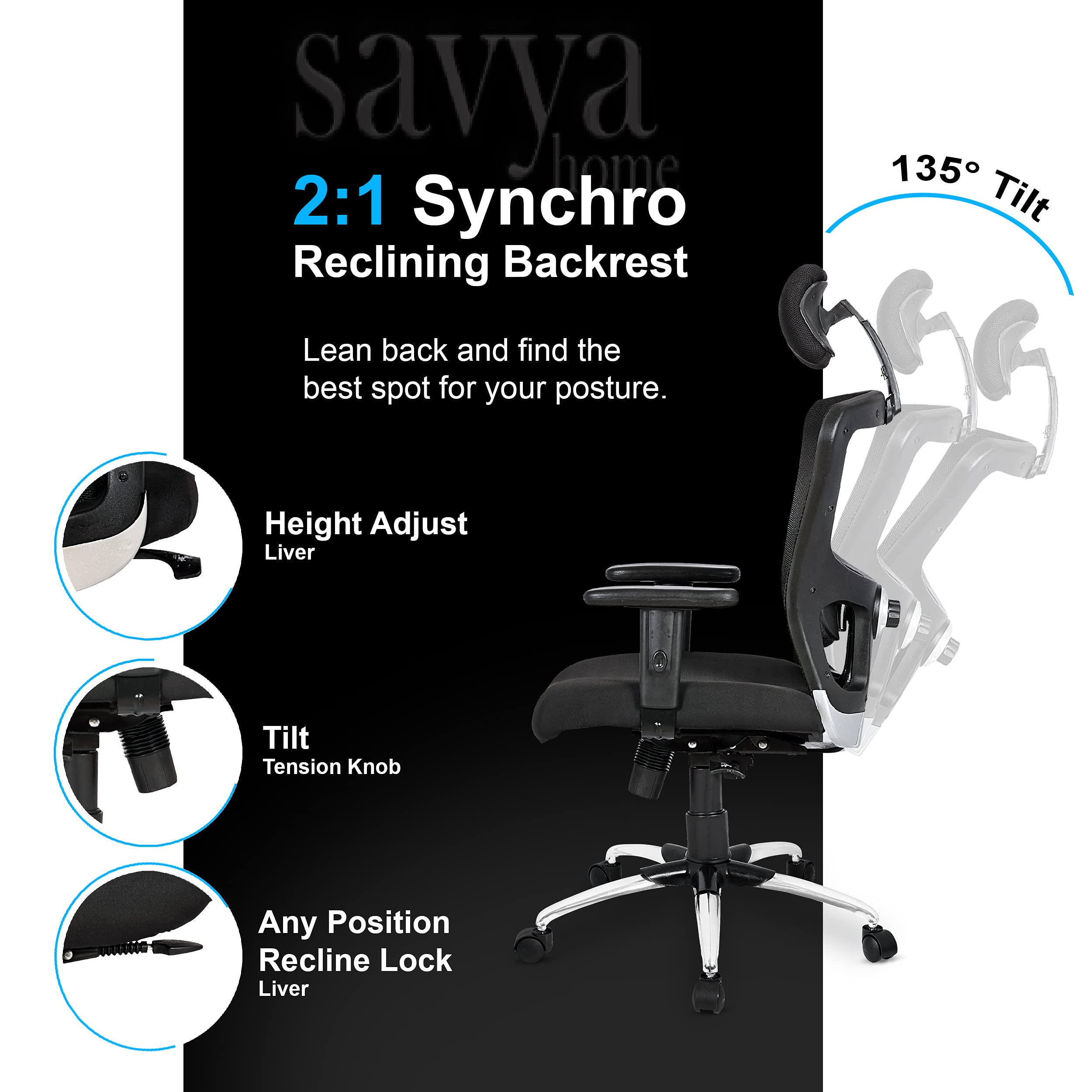 SAVYA HOME Beatle High Back Ergonomic Office Chair with Adjustable Arms and 2D Lumbar Support (Ergonomic Meshback, Beige, 1 Piece)