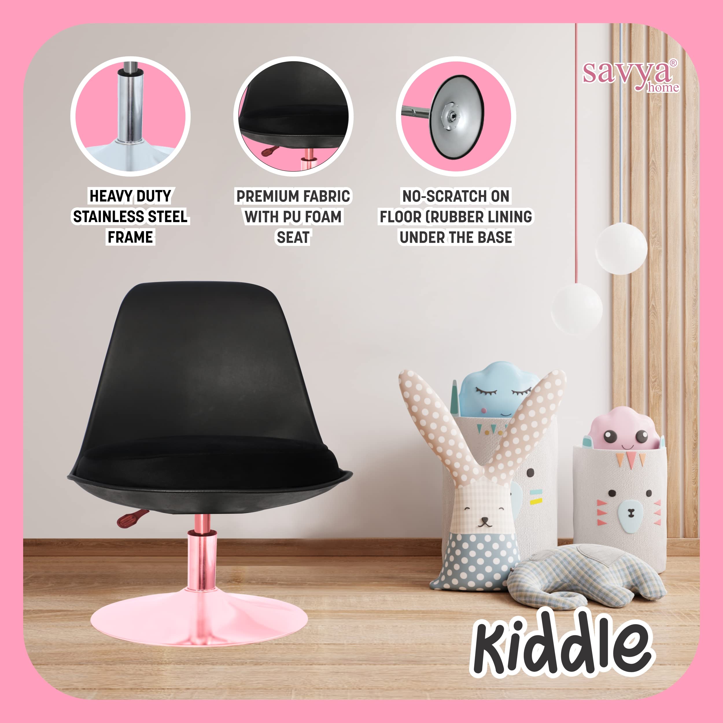 SAVYA HOME Kids Kiddle Desk Chair| Revolving | High Chair | Height Adjustment | Cushioned | Study | Kids(Ergonomic Chair, Qty-1, Black)