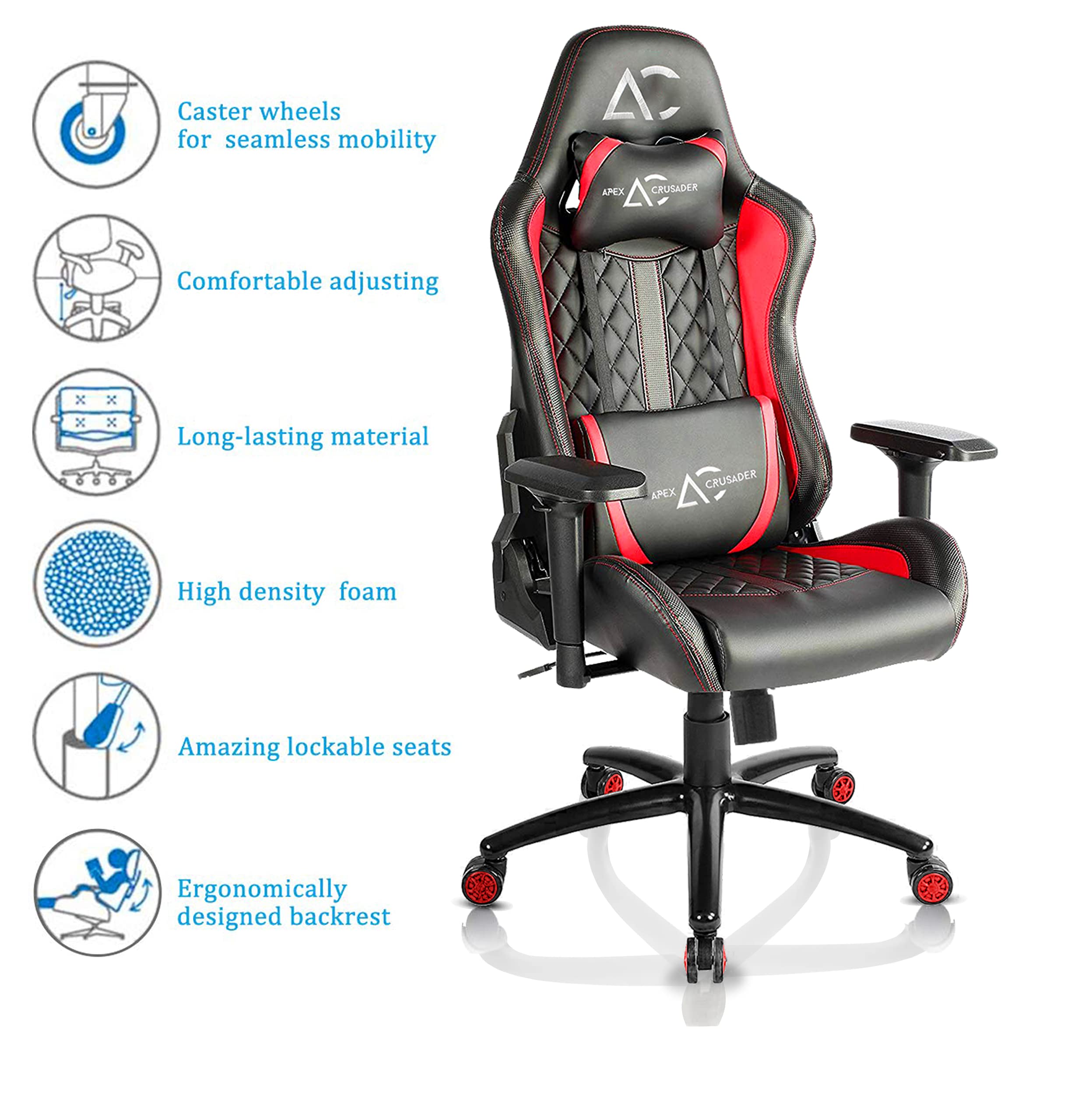 SAVYA HOME Apex Crusader XI Ergonomic Computer Gaming Chair and Office Chair with Aluminium Base, Removable Headrest, 3D Armrest(PU Leather, Red & Black, 1 Piece)