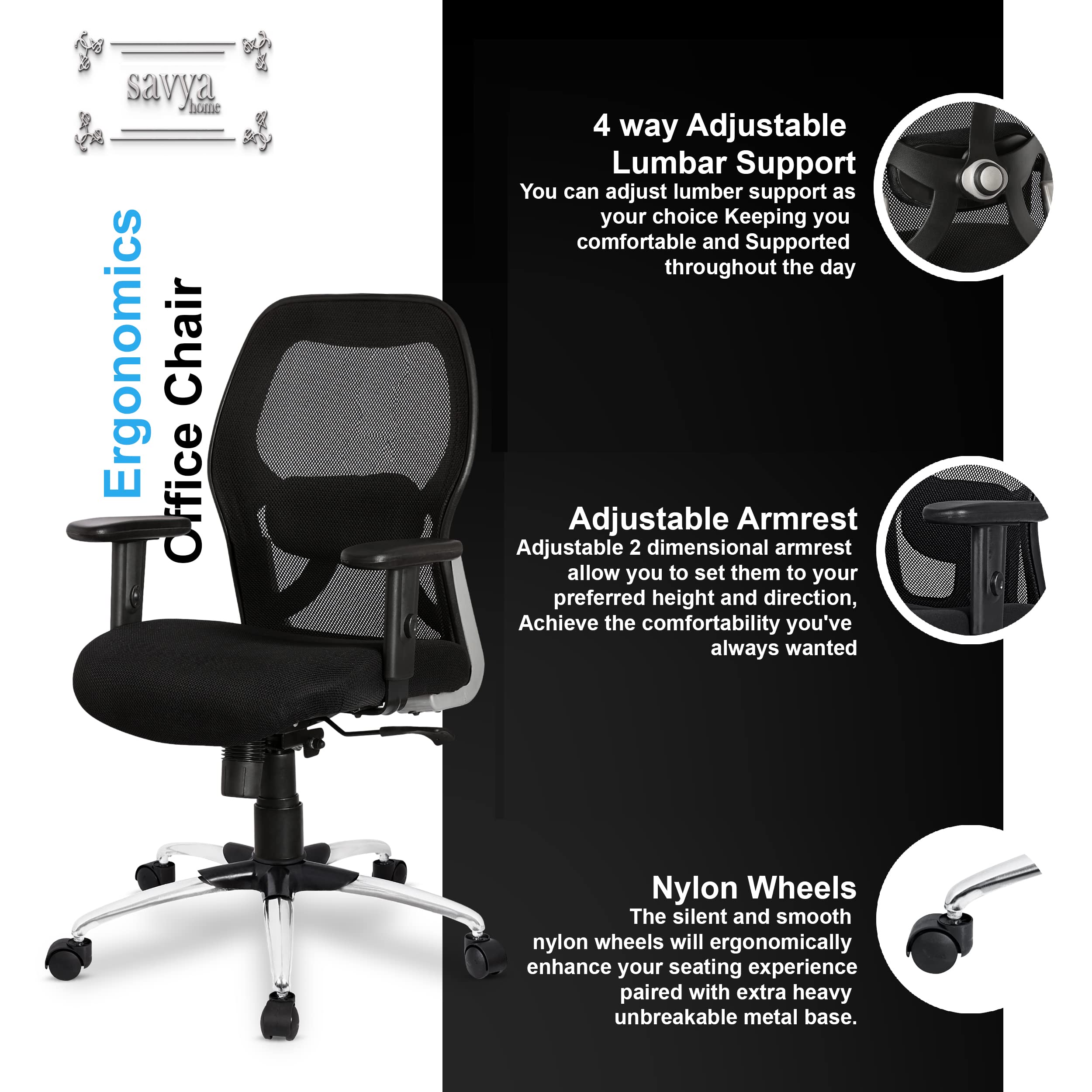 SAVYA HOME Apollo Mid Back Ergonomic Office Chair with Adjustable Arms and Anyposition Tilt Lock Mechanism (2D Lumbar Support & Contoured Meshback, 1 Piece) (Black)