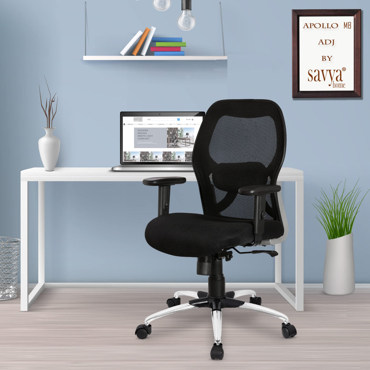SAVYA HOME Apollo Mid Back Ergonomic Office Chair with Adjustable Arms and Anyposition Tilt Lock Mechanism (2D Lumbar Support & Contoured Meshback, 1 Piece) (Black)